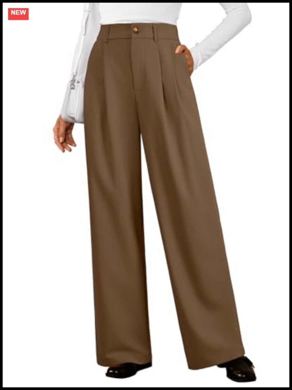 Wool Blend Straight Leg Business Casual Pants with Pleats, Elastic Back